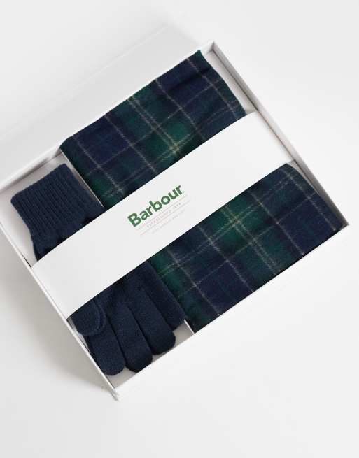 Barbour tartan check scarf and gloves gift set in green/navy, 2 of 3