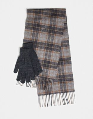 Barbour tartan scarf and glove gift set in grey