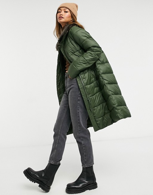 Barbour Teasel long line padded jacket with faux fur collar in green