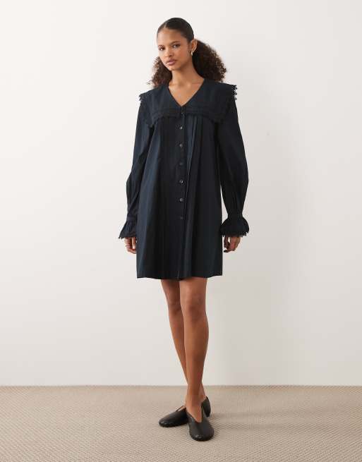Barbour Tisbury long sleeve lace trim collared broderie mini dress in navy, 2 of 4