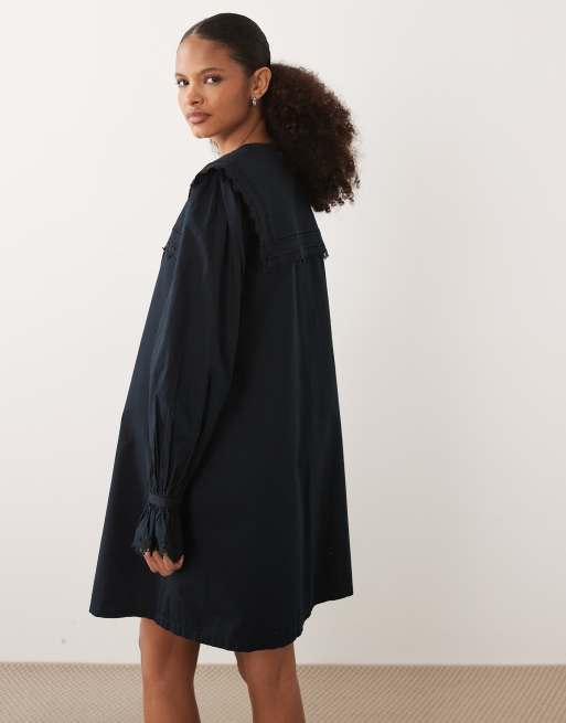 Barbour Tisbury long sleeve lace trim collared broderie mini dress in navy, 3 of 4