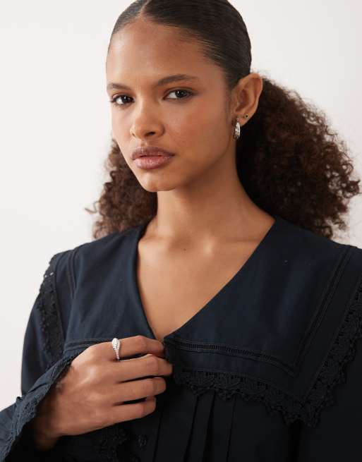 Barbour Tisbury long sleeve lace trim collared broderie mini dress in navy, 4 of 4