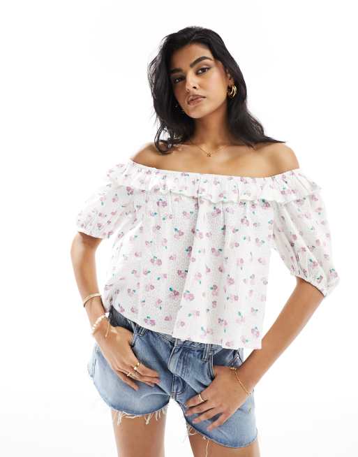 Barbour - Top bianco a fiori con spalle scoperte
