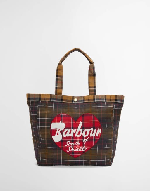 Barbour Tote Bag mit Herz-Logo und Karomuster in Grün, 2 von 6
