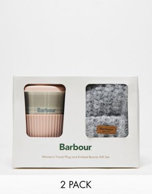 Barbour travel mug and beanie gift set in pink and grey