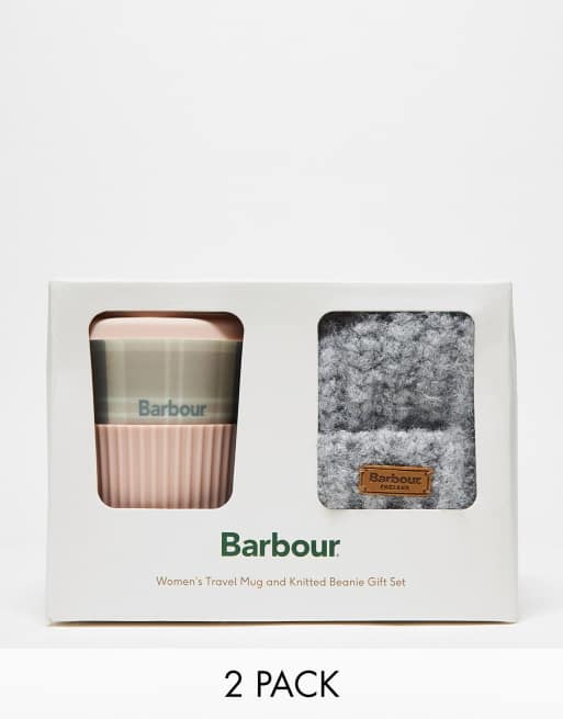 Barbour travel mug and beanie gift set in pink and grey ASOS