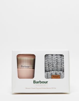 Barbour travel mug and beanie gift set in pink grey