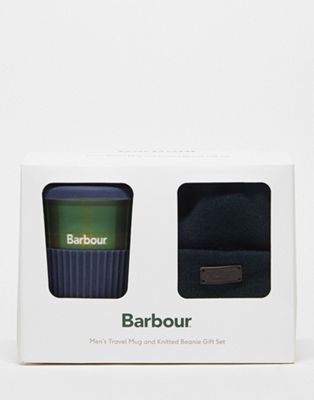 Barbour travel mug gift set in navy and classic tartan