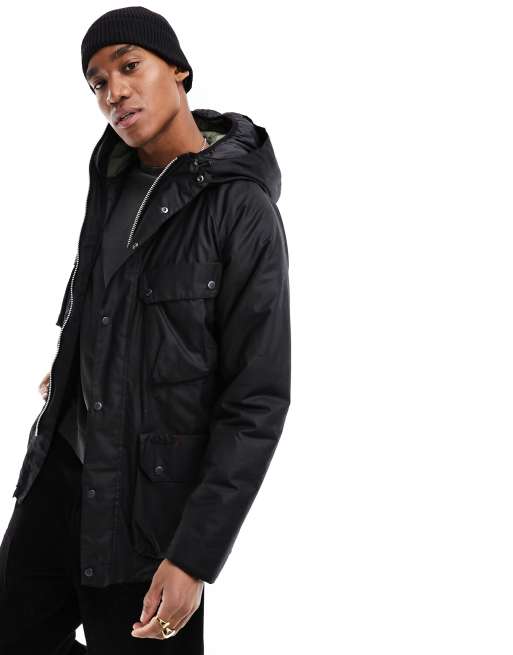 Barbour – Valley – Wachsjacke in Schwarz mit Kapuze