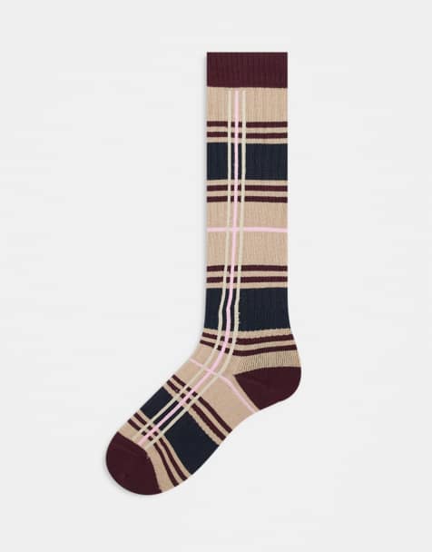 Barbour Wellington tartan check knee length socks in brown - view 1