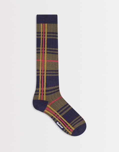 Barbour wellington tartan check knee length socks in green - view 1