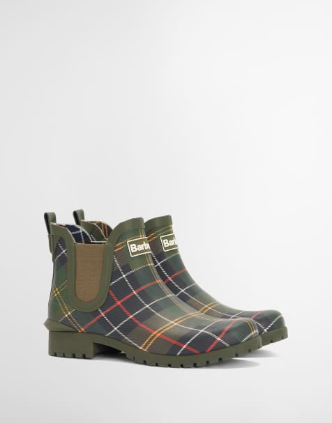 Barbour Wilton tartan chelsea short wellington boots in green - view 1