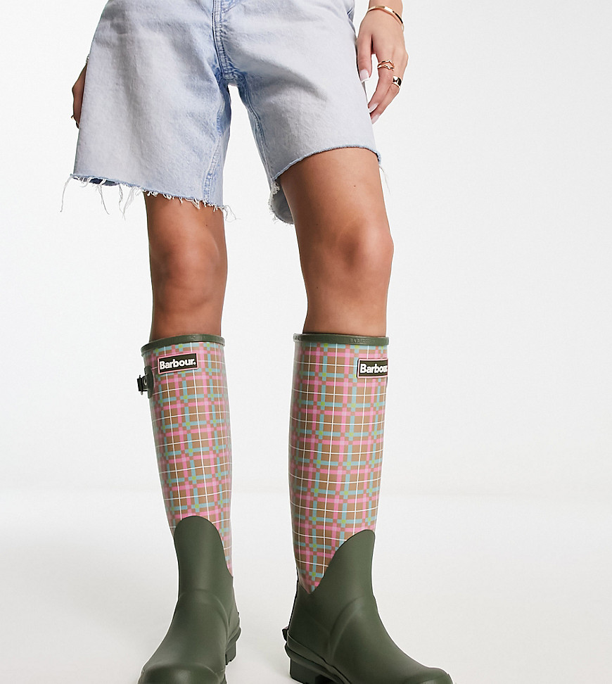 x ASOS exclusive Bede tall wellington boots in green tartan-Multi