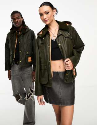 Barbour x ASOS exclusive unisex wax jacket with hood in olive