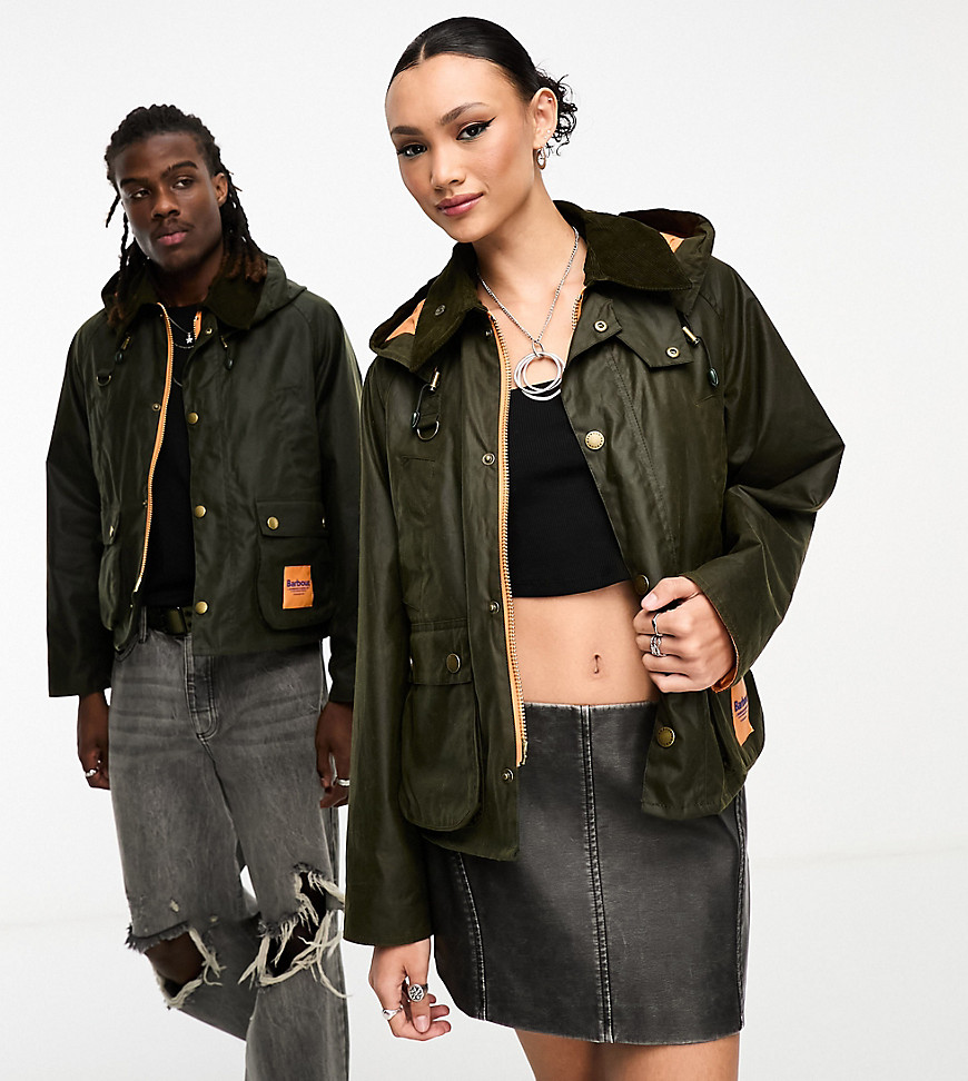 Barbour x ASOS exclusive unisex wax jacket with hood in olive-Green