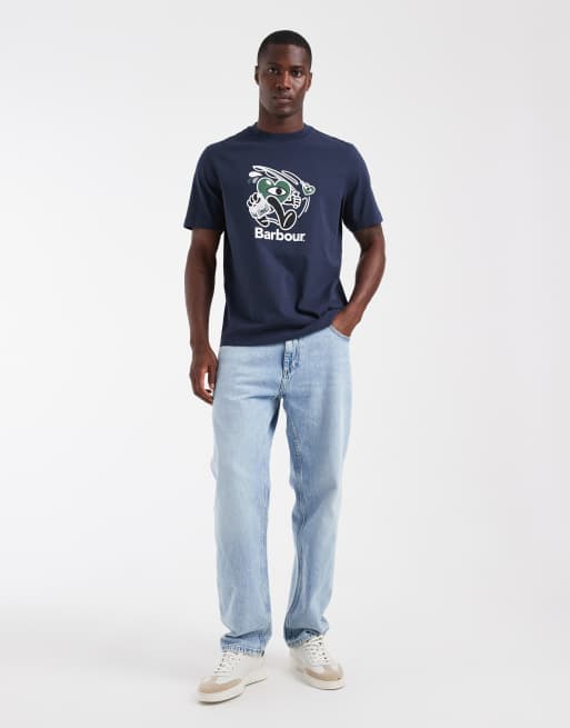 Barbour x Mul 'Gone Fishing' short sleeve graphict-shirt in navy, 2 of 5