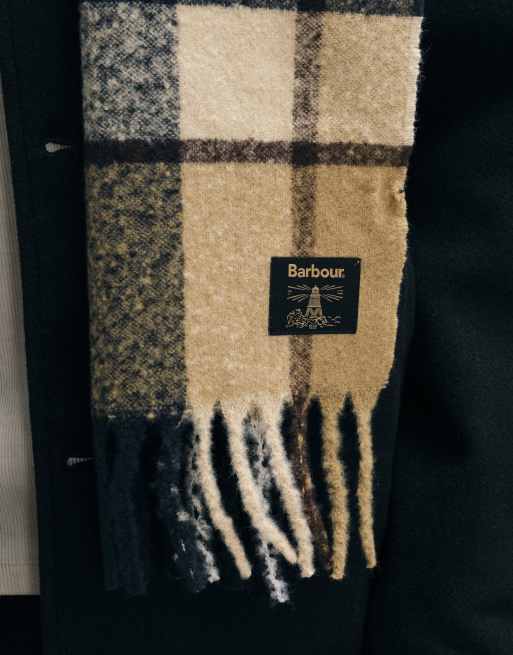 Barbour Yorklane knitted lambswool tartan check scarf in beige, 3 of 5