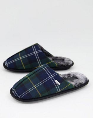 Barbour Young faux fur mule slippers in navy tartan