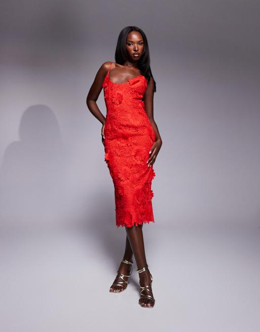 bardot red lace dress Alegra Stretch Lace Midi Dress In Fire Red