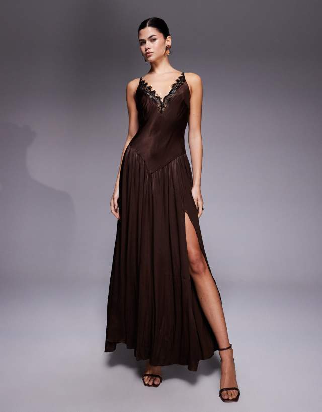 Bardot Aderia lace trim plunge neck slit front satin maxi dress in dark chocolate brown