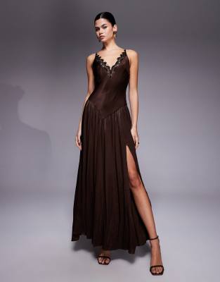 Bardot Aderia Lace Trim Plunge Neck Slit Front Satin Maxi Dress In Brown