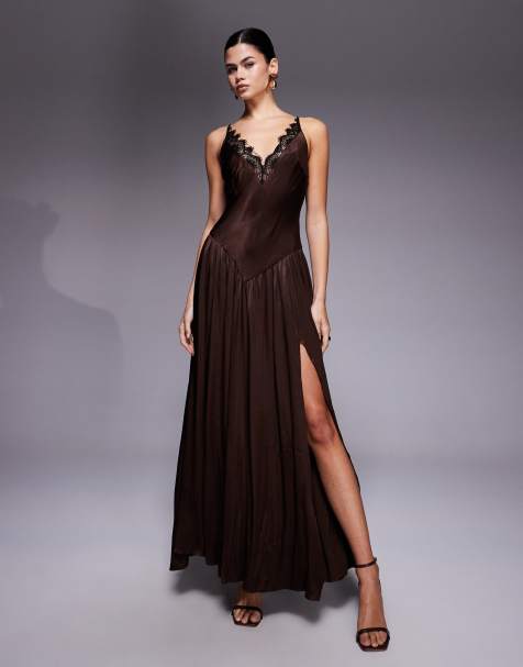 Bardot Aderia satin plunge lace trim slit front maxi dress in dark chocolate brown - view 1