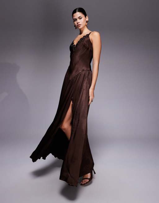 Bardot Aderia satin plunge lace trim slit front maxi dress in dark chocolate brown, 4 of 4
