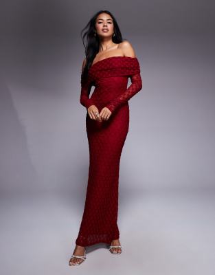 Bardot Adoni Flocked Off The Shoulder Long Sleeve Maxi Dress In Red