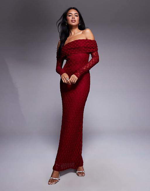 red long sleeve off the shoulder dress One Perfect for formal events and prom Red Off Shoulder O-Ring Cut