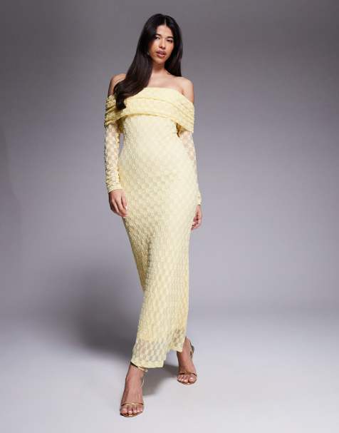 Bardot - Adoni - Gul maxikjole i blondemateriale med tekstur og offshoulder-design - view 1