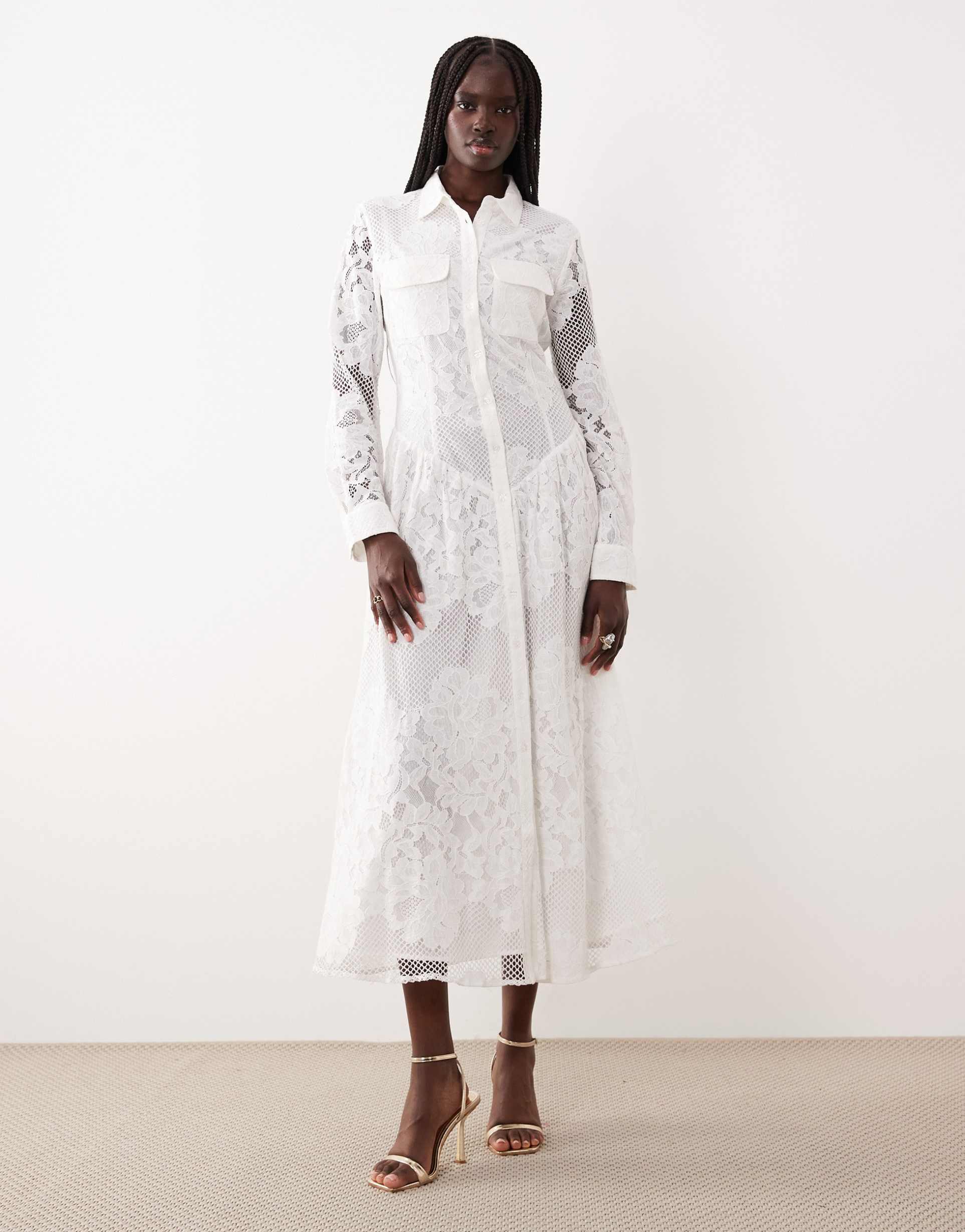 bardot agatha cotton rich lace shirt midaxi dress in ivory
