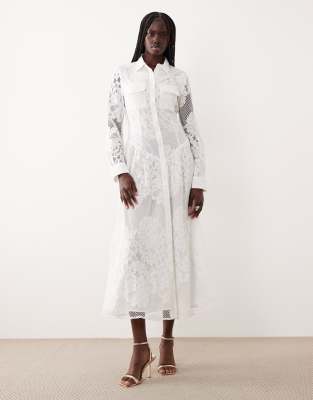 Agatha - Robe chemise longueur mollet en dentelle de coton mélangé - Ivoire-Blanc 38