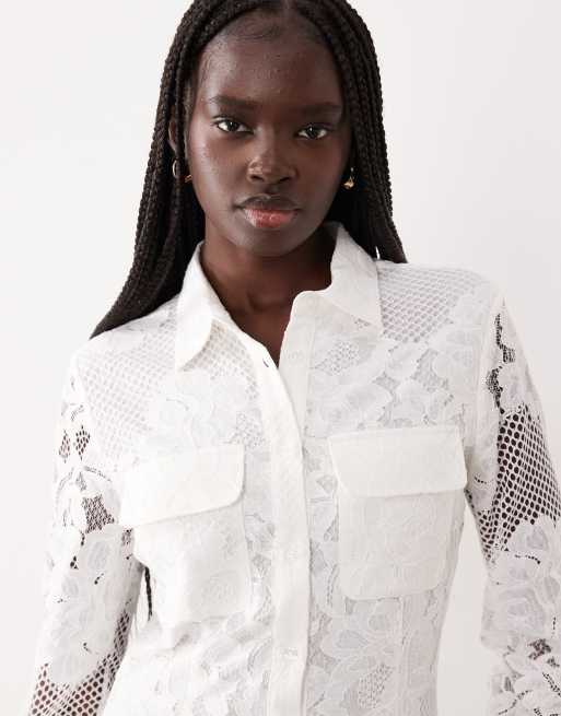 Bardot - Agatha - Vestito camicia al polpaccio in misto cotone color avorio con pizzo, 3 di 4