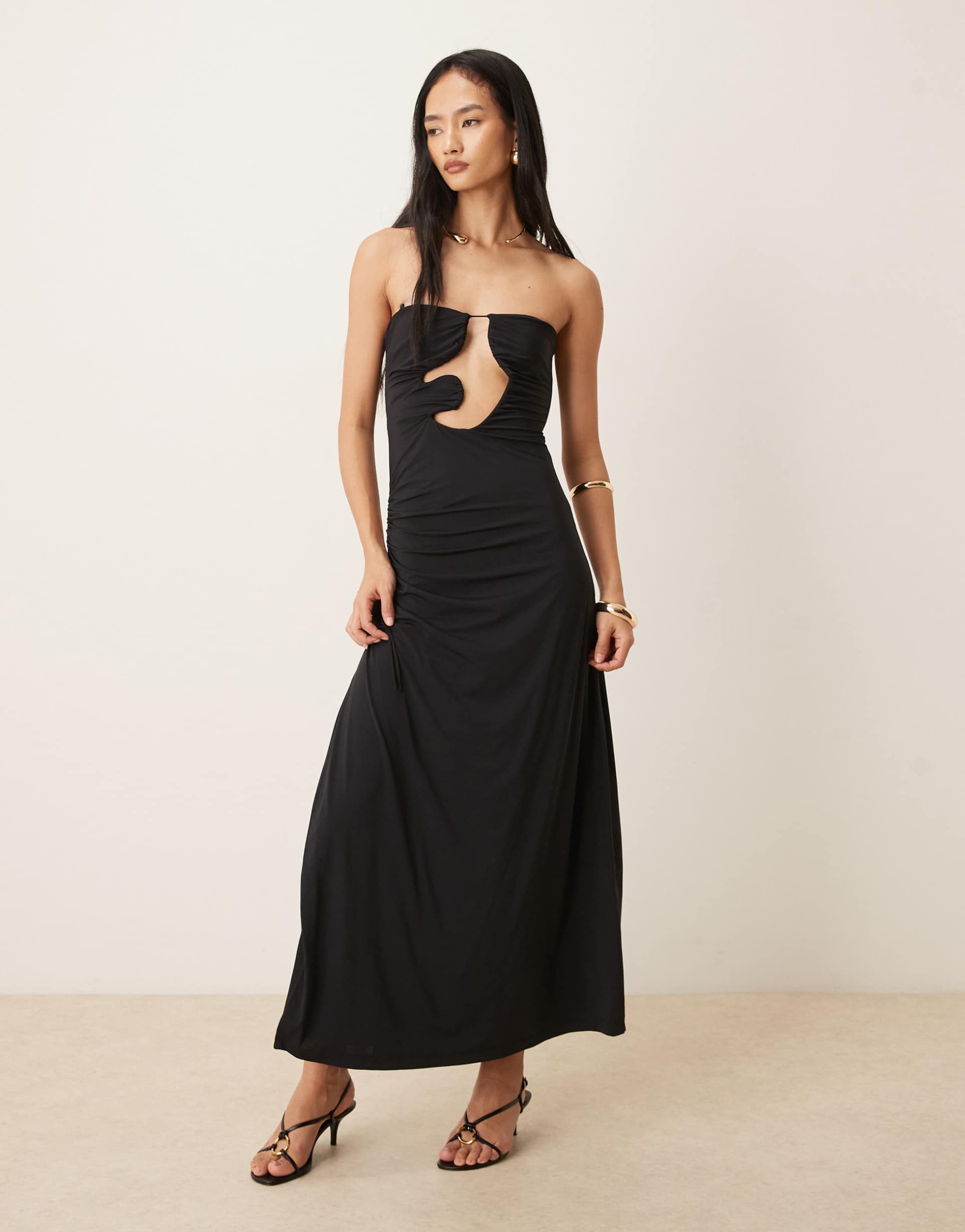 bardot alberta slinky bandeau abstract cutout detail gathered tie side maxi dress in black