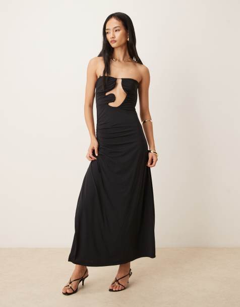 Bardot Alberta slinky bandeau abstract cutout detail gathered tie side maxi dress in black