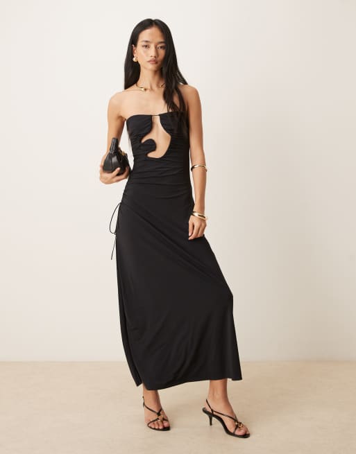 knee length dresses for ladies Black Slinky Bardot One Shoulder Ruched Double Layer Maxi Dress- Maris –  Femme Luxe