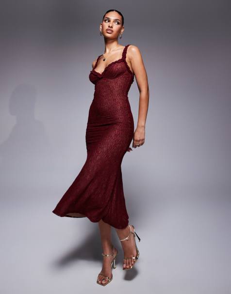 Bardot Alegra stretch lace midi dress in burgundy