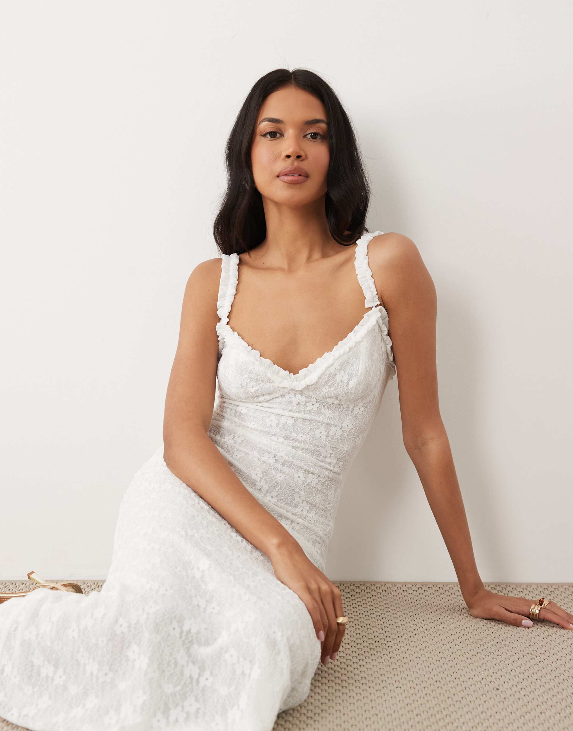 bardot alegra exclusive stretch lace cami midi dress in white