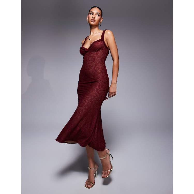 Bardot Alegra stretch lace midi dress in burgundy | ASOS