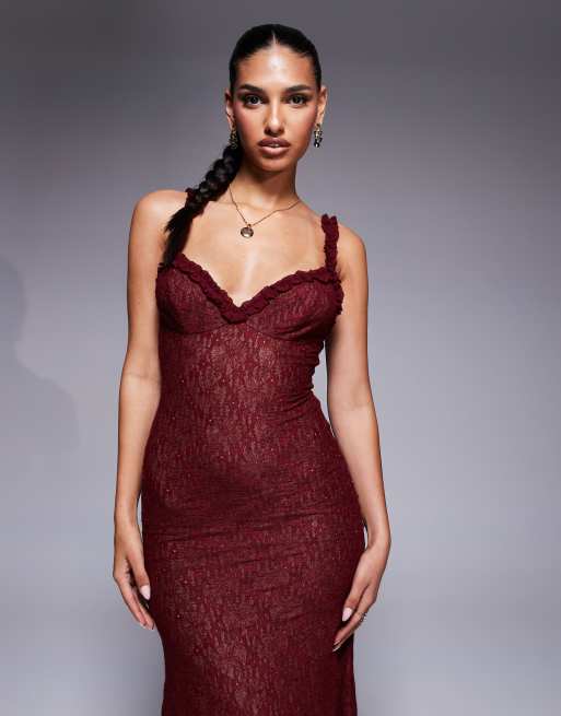 Bardot Alegra stretch lace midi dress in burgundy