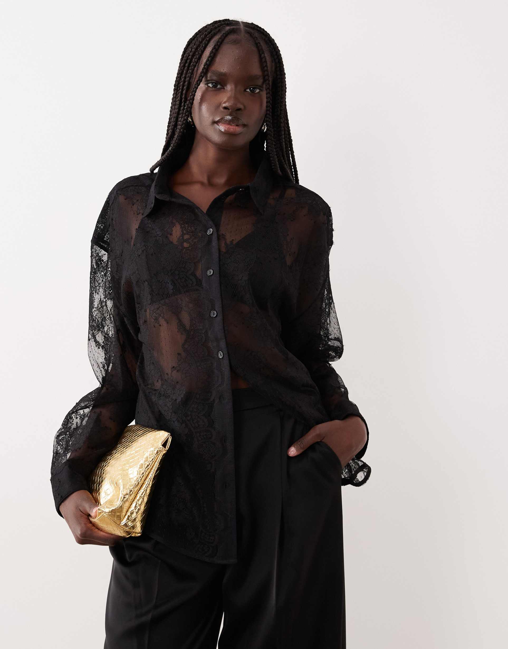 bardot aleida oversized lace shirt in black - part of a set