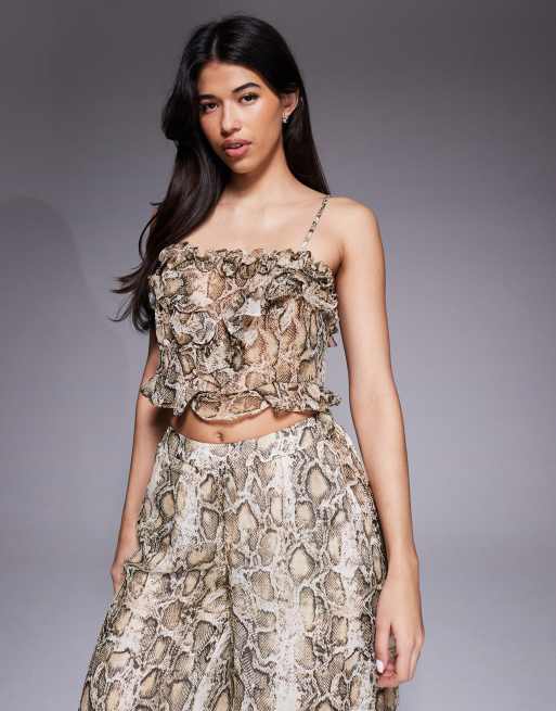 Bardot Alira frill detail crop top and balloon pants in snake print, 2 of 3
