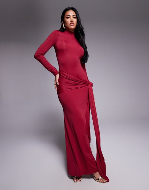 Bardot Alix tie front long sleeve maxi dress in burgundy - view 1