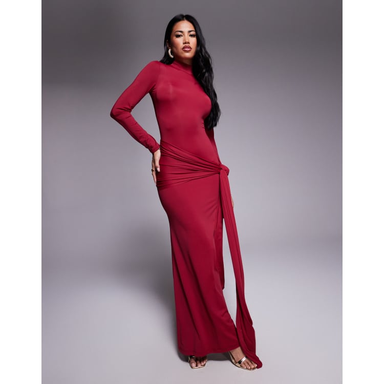 Bardot Alix tie front long sleeve maxi dress in burgundy | ASOS