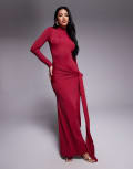 [Bardot] Bardot Alix tie front long sleeve maxi dress in burgundy-Red 6 Burgundy