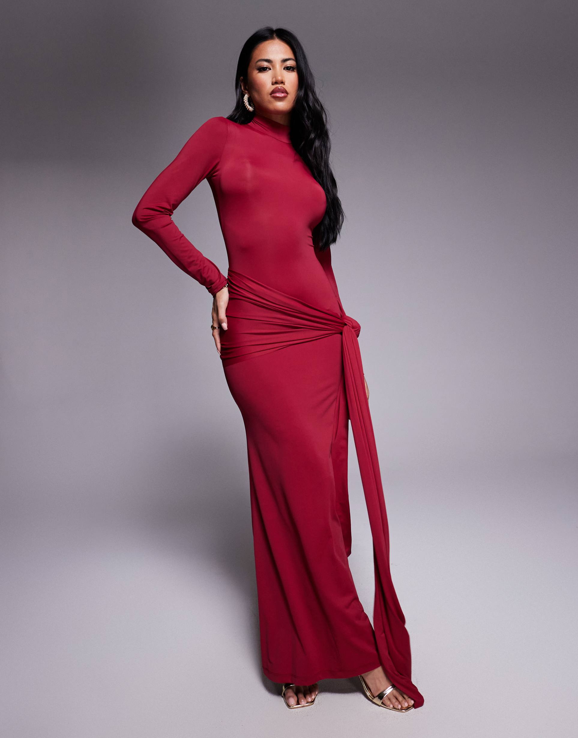 bardot alix tie front long sleeve maxi dress in burgundy