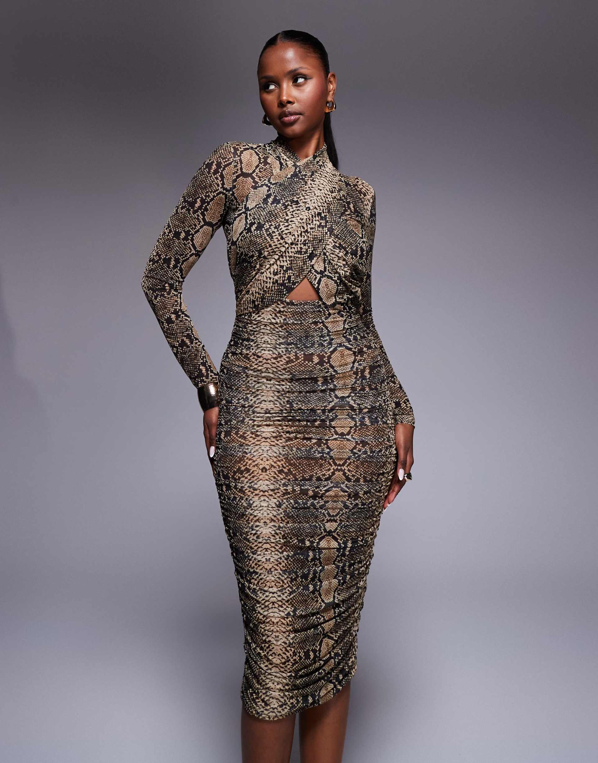 bardot aliyah printed midi dress in snake skin