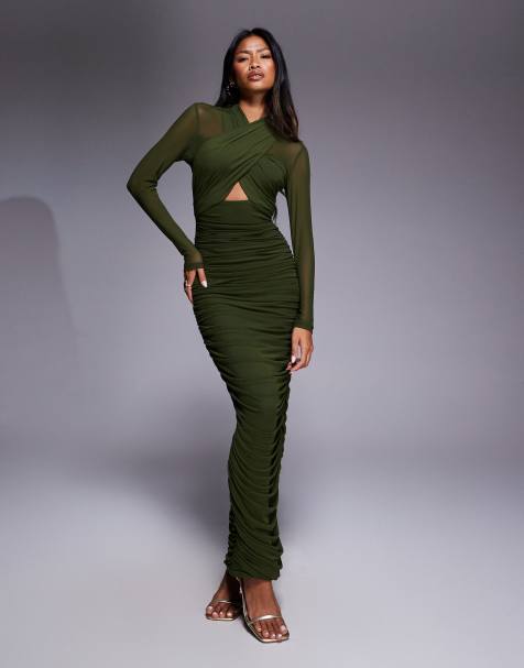 Bardot Aliyah wrap mesh midi dress in dark khaki