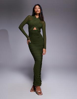 Bardot Aliyah Wrap Mesh Midi Dress In Green