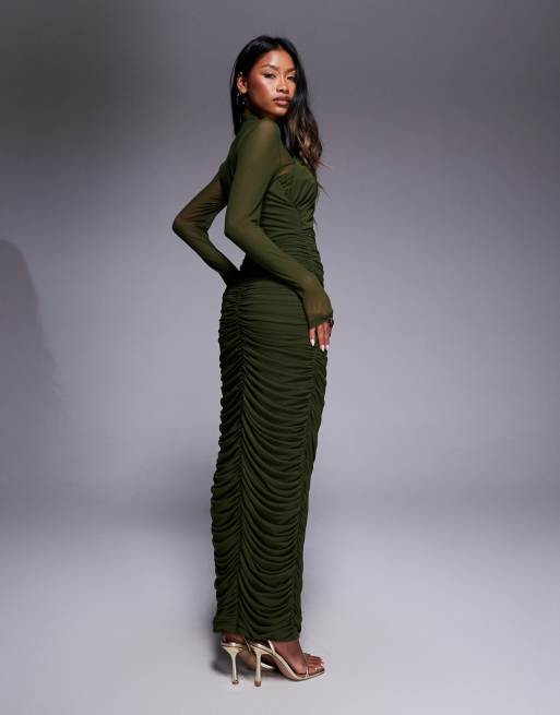 Bardot Aliyah wrap mesh midi dress in dark khaki